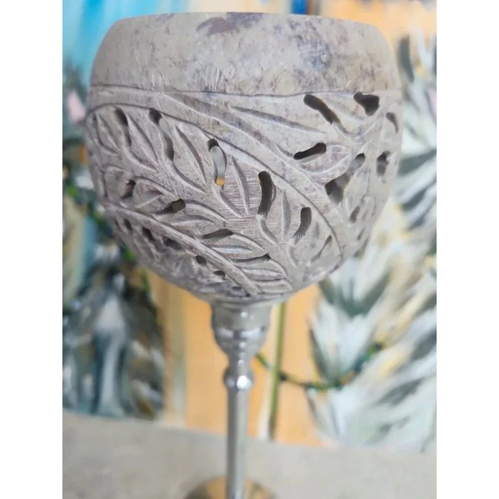 Carved stone goblet style candle stick